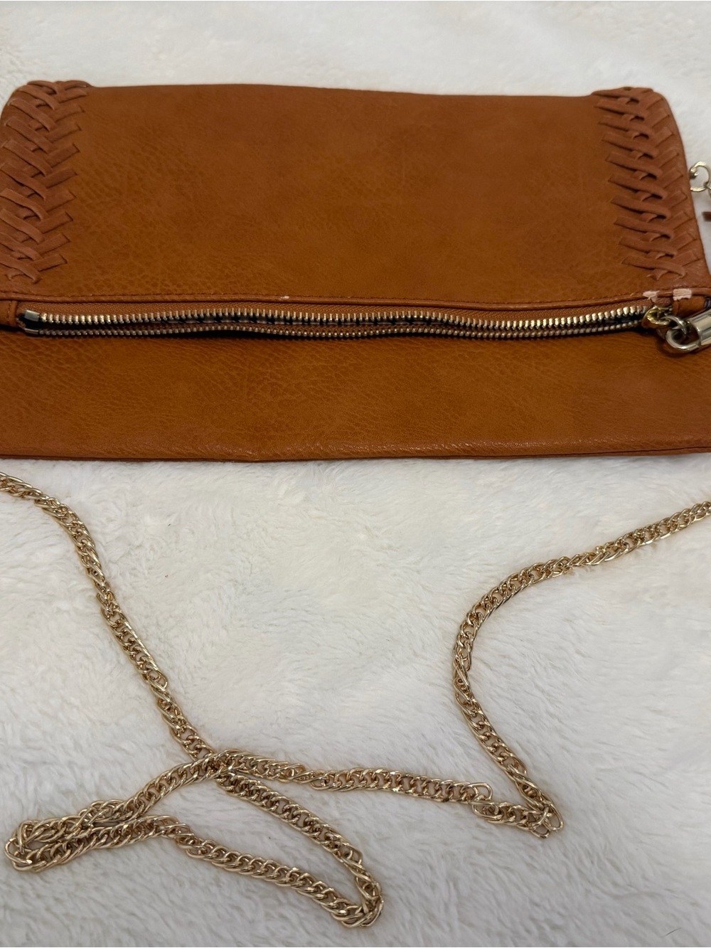 Tan Woven Accent Crossbody Bag with Gold Chain